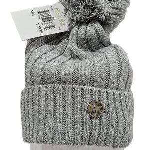 New MICHAEL KORS MK GREY RIBBED KNIT BEANIE HAT  ADULT  GRAY